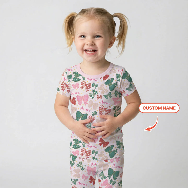 Custom Name Preppy Coquette Bows Bamboo Two Piece Short Sleeve Pajama Set
