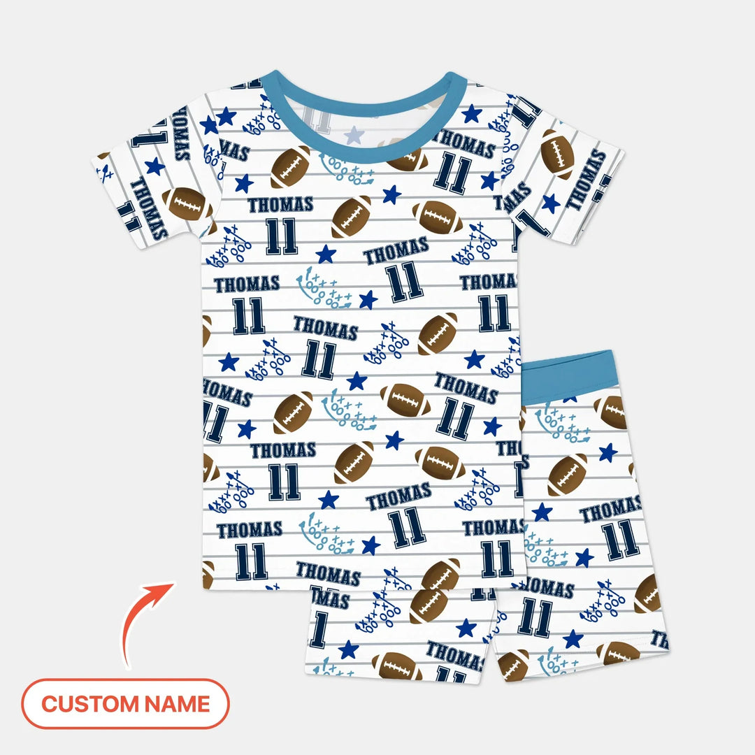 Custom Name Football Time Bamboo Two Piece Short Sleeve Shorts Pajama Set