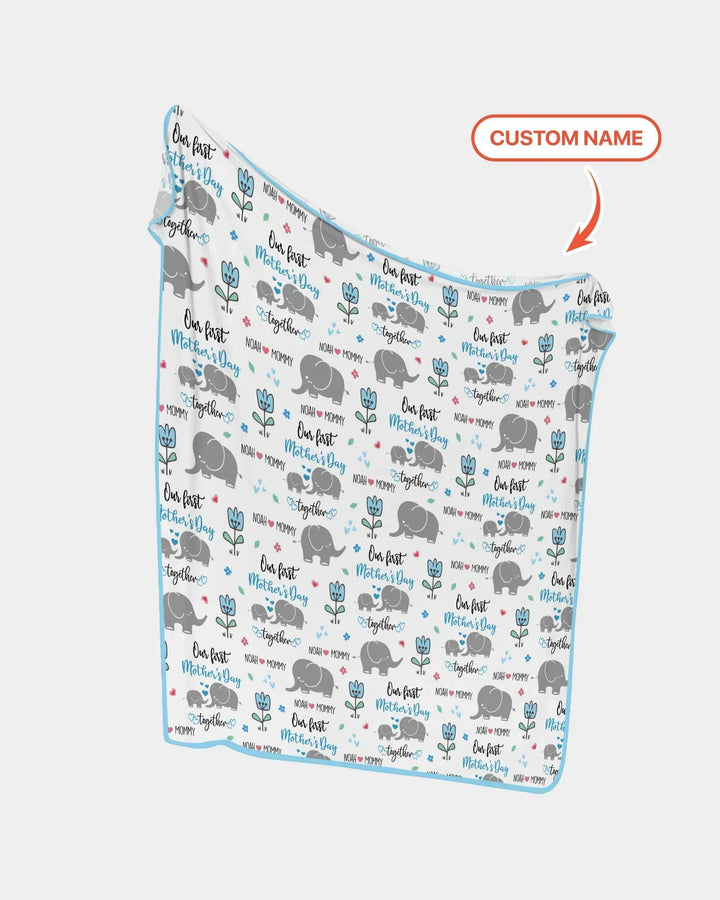 Custom Name Elephant Our First Mother's Day Bamboo Blanket