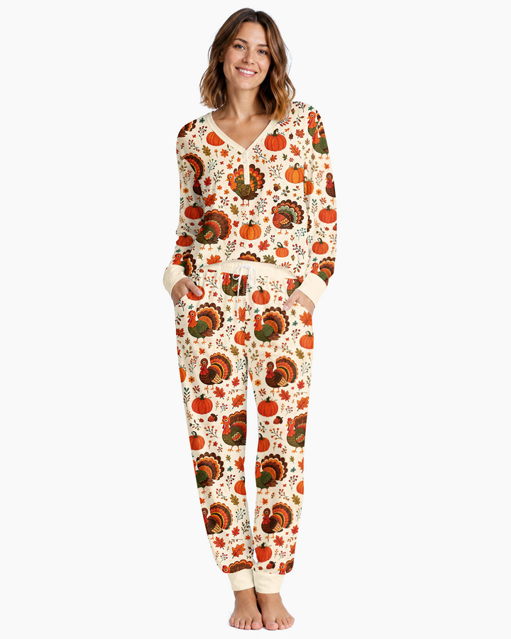 Turkey Autumn Pumpkin Bamboo Women Pajama Set