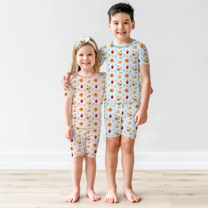 Hanukkah Donuts Two Piece Short Sleeve Shorts Pajama Set , Hanukkah Donuts Two Piece Short Sleeve Shorts Pajama Set - 12-18M / Blue
