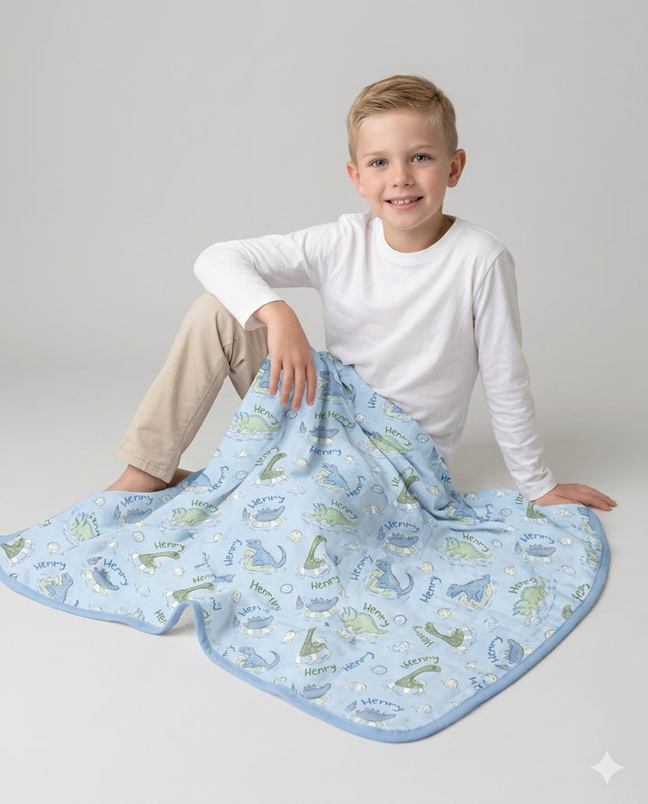 Dinos Swimming Custom Name Bamboo Blanket