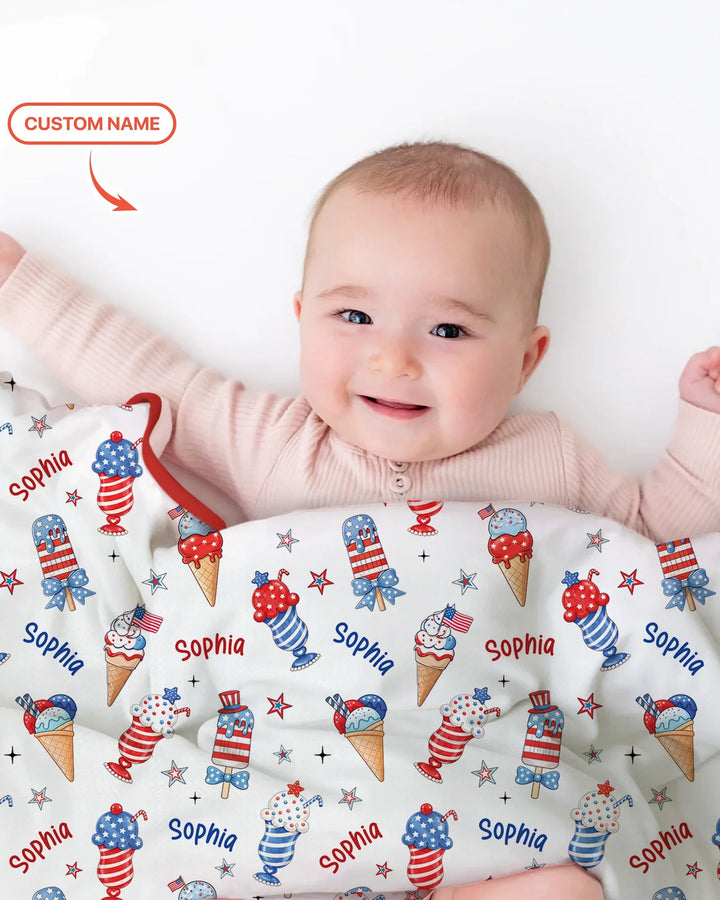 Custom Name Red, White & Ice Cream Bamboo Blanket