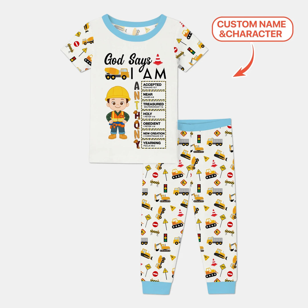 Custom Name God Says I Am Little Builder Letter in Bible Bamboo Two Piece Short Sleeve Pajama Set