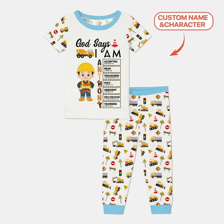 Custom Name God Says I Am Little Builder Letter in Bible Bamboo Two Piece Short Sleeve Pajama Set