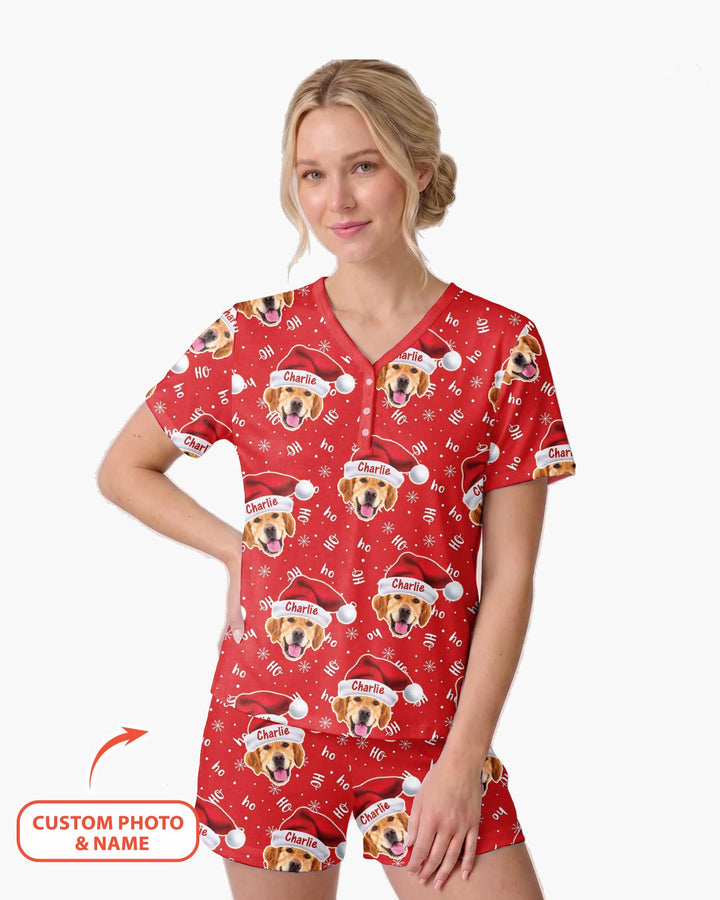 Custom Dog Photo Santa Claus Bamboo Women Short Sleeve Short Pajama Set