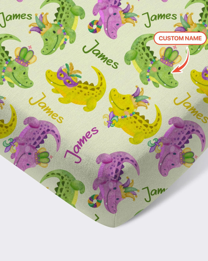 Custom Name Mardi Gras Alligator Bamboo Fitted Crib Sheet