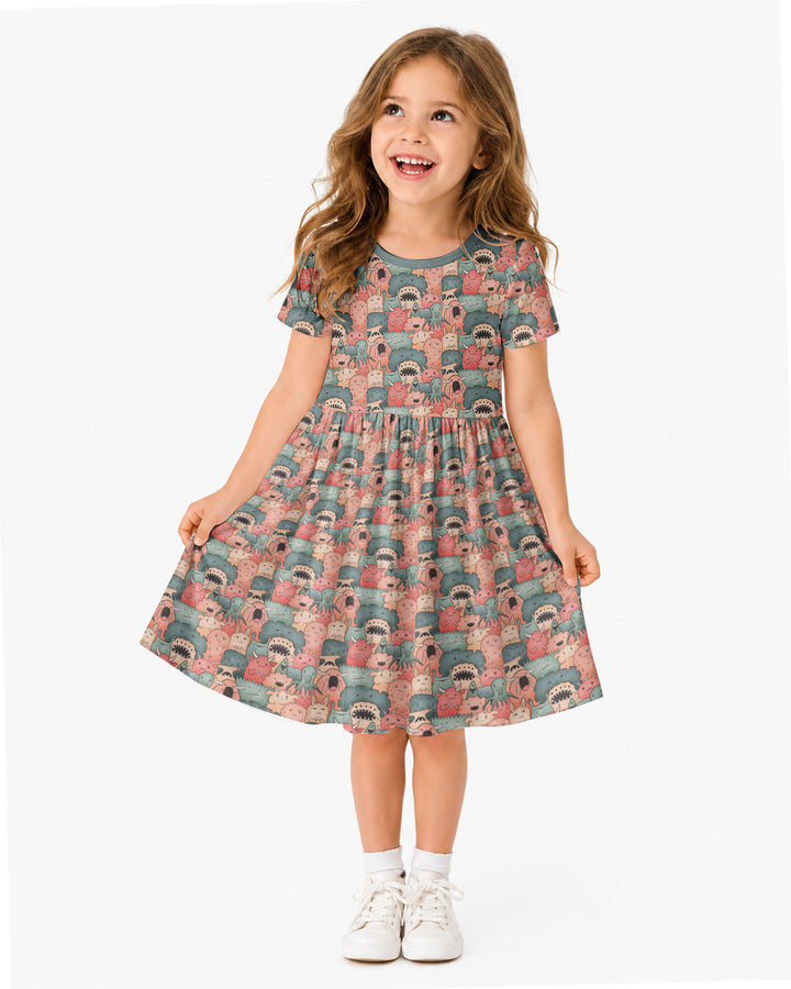 Cute Monster Crowd Bamboo Twirl Dress