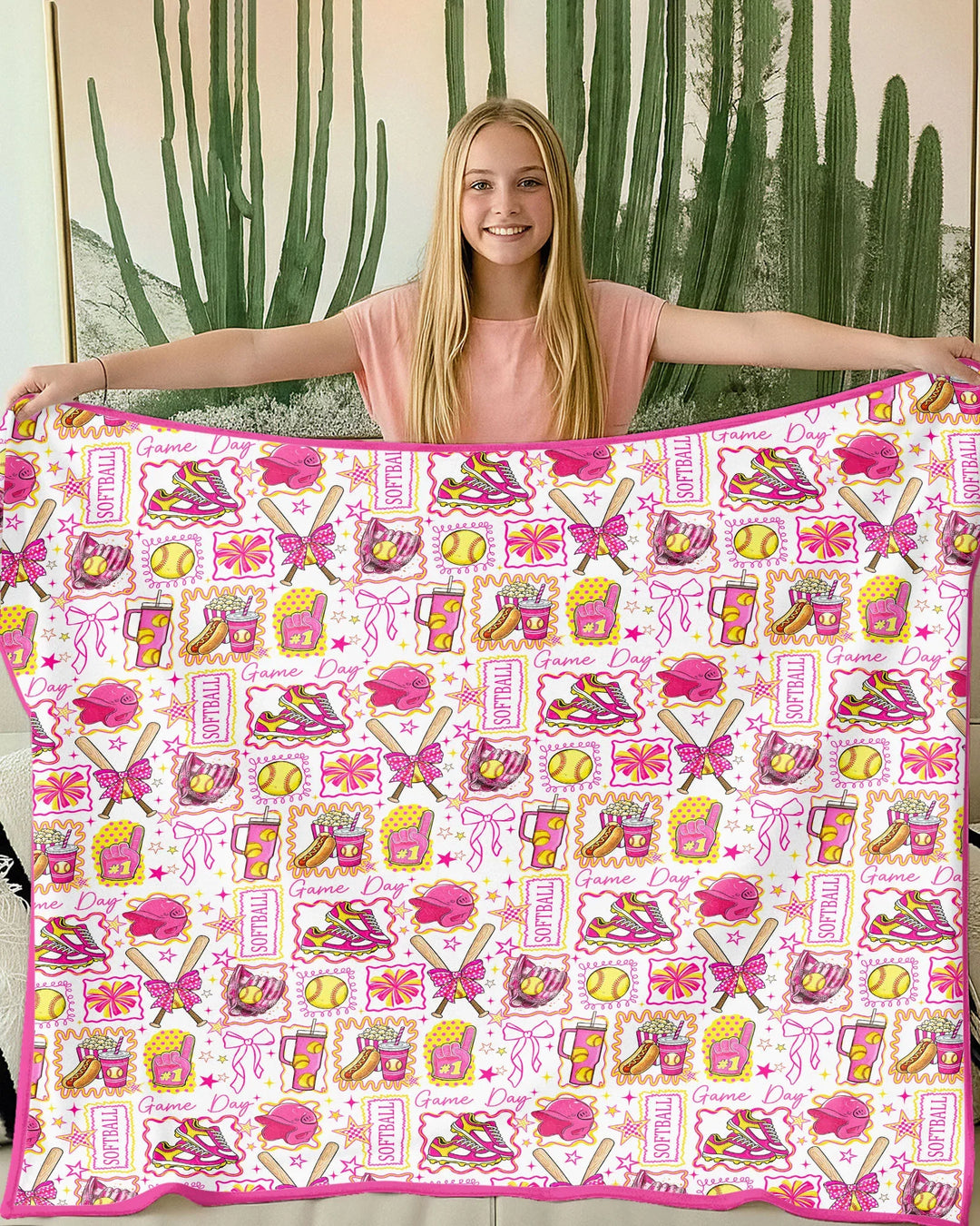 Pink Softball Game Day Bamboo Blanket