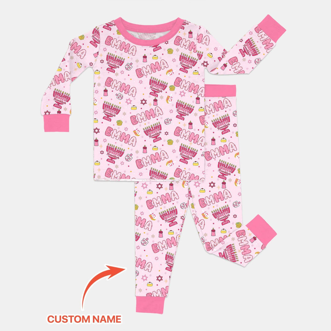 Custom name Happy Hanukkah 2025 Bamboo Two Piece Long Sleeve Pajama Set