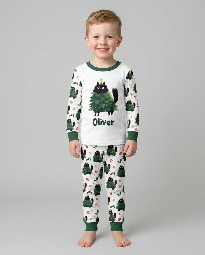 Custom Name Black Cat Christmas Bamboo Two Piece Long Sleeve Pajama Set