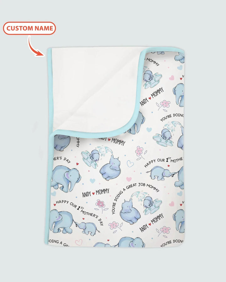 Custom Name Mother & Baby Elephant Bamboo Blanket
