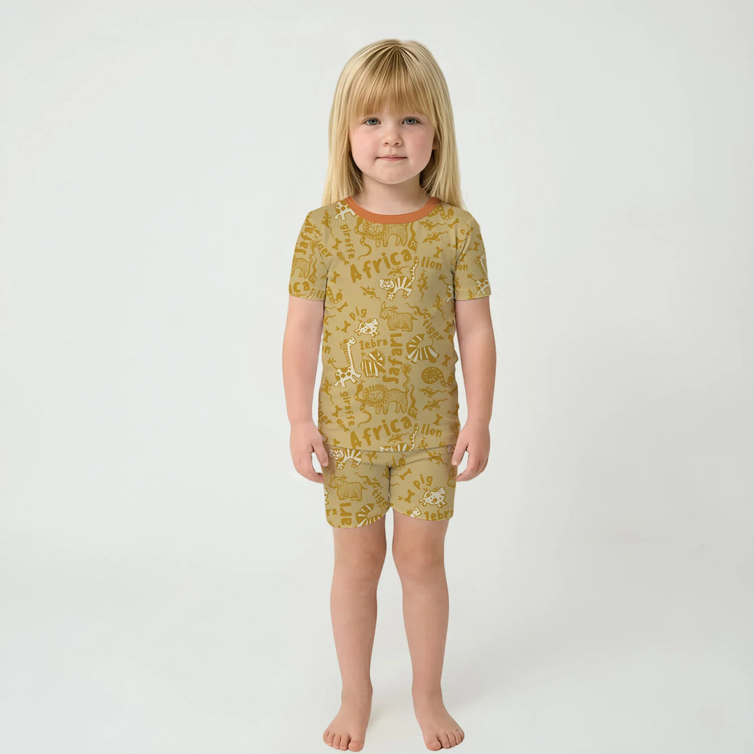 Handdrawn African Animals Bamboo Two Piece Short Sleeve Shorts Pajama Set