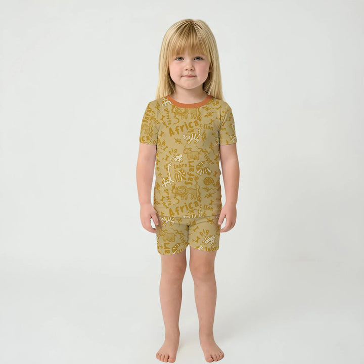 Handdrawn African Animals Bamboo Two Piece Short Sleeve Shorts Pajama Set