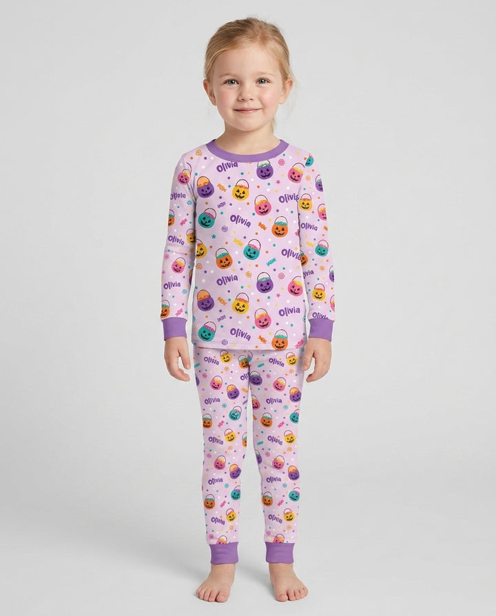 Custom Colorful Trick Or Treat Halloween Candy Bag Bamboo Two Piece Long Sleeve Pajama Set