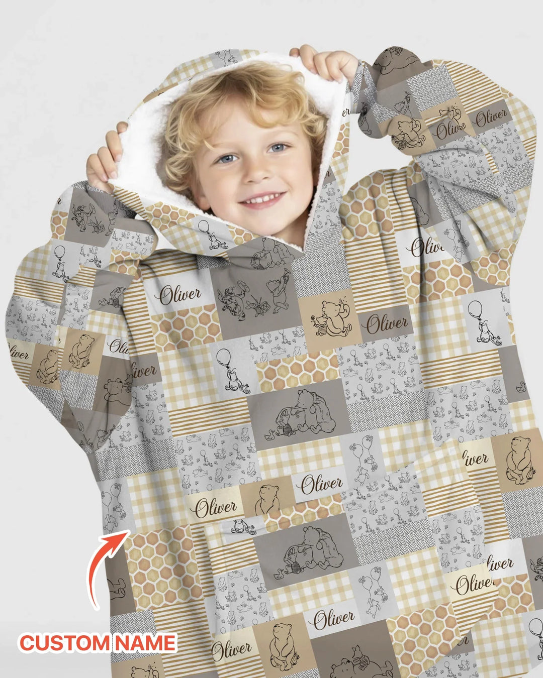 Personalized Classic Bear Patchwork  Bamboo Blanket Hoodie