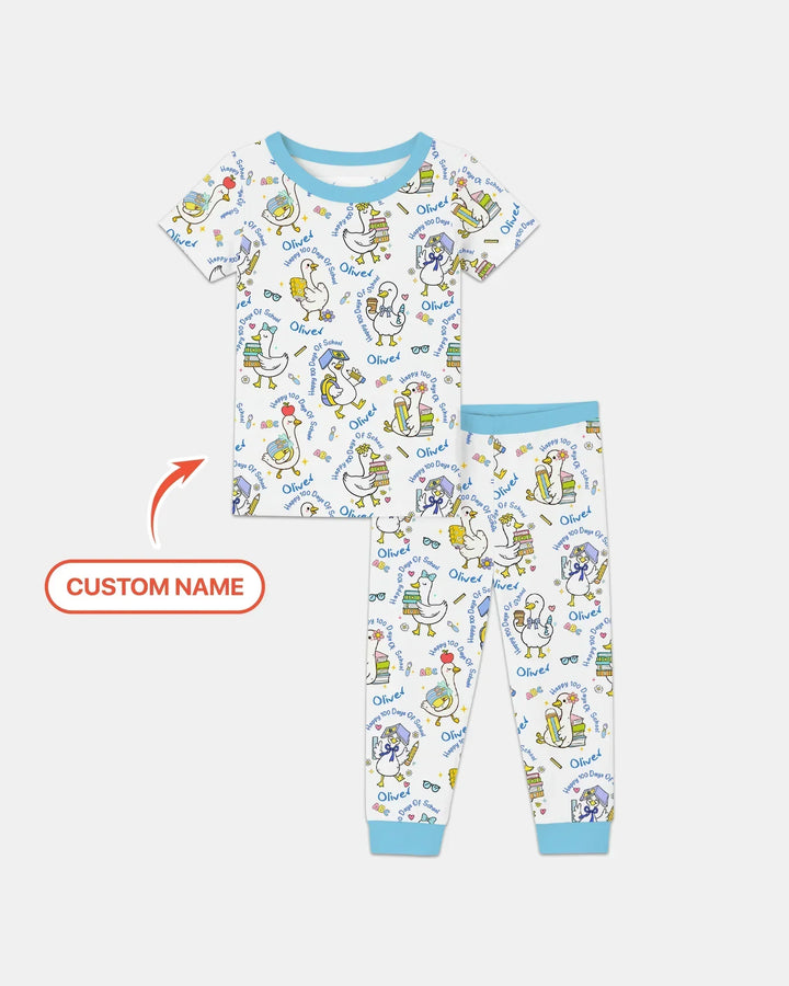 Custom Name Goose Happy 100 Days Of School Bamboo Two Piece Short Sleeve Pajama Set