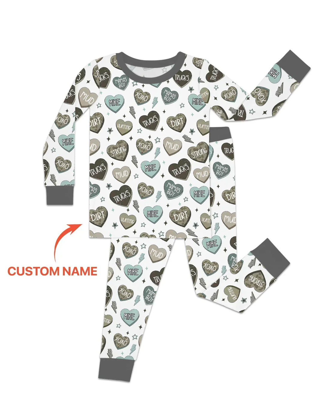 Personalized Camo Candy Hearts Bamboo Two Piece Long Sleeve Pajama Set