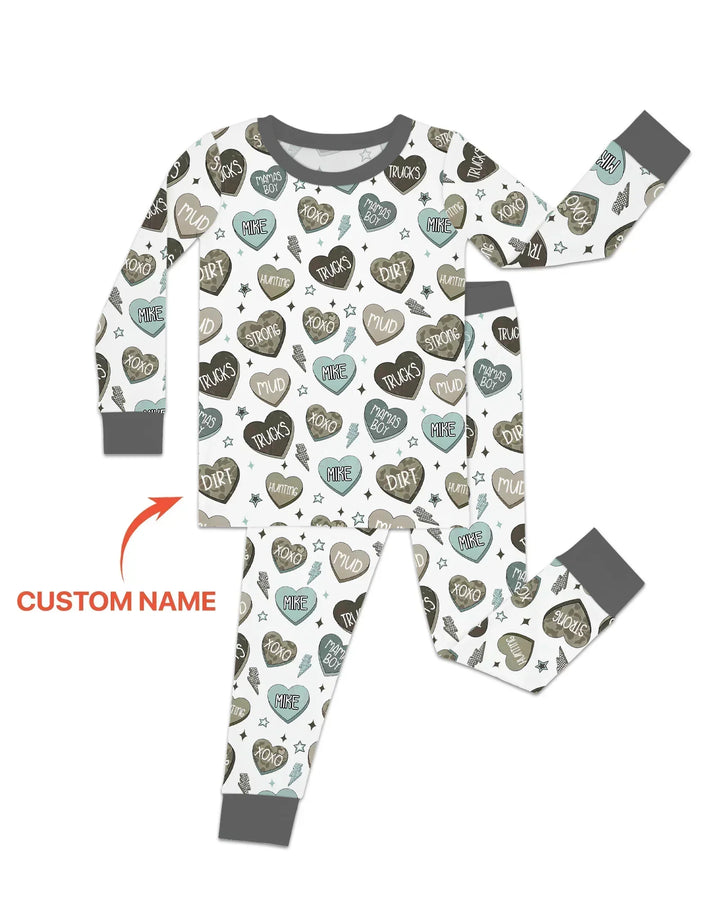 Personalized Camo Candy Hearts Bamboo Two Piece Long Sleeve Pajama Set