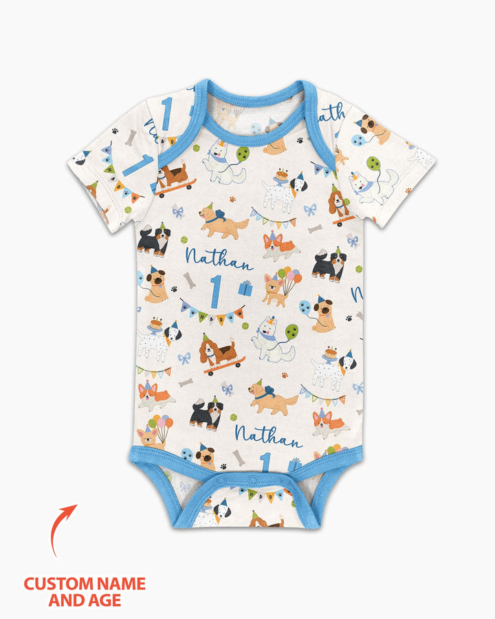 Custom Name Birthday Dogs Party Bamboo Bodysuit