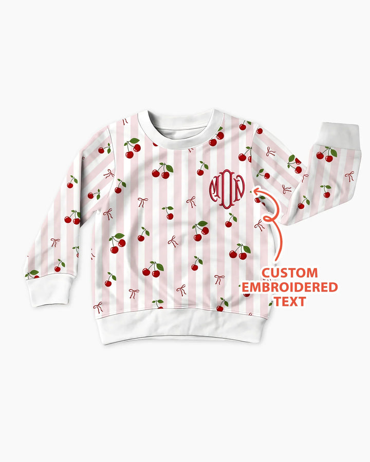 Personalized Embroidered Monogram Letter Cherry Bamboo Crewneck Sweatshirt