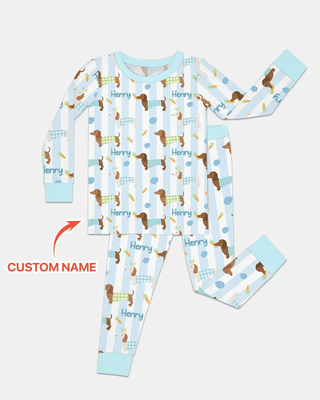 Custom Name Easter Dachshunds Family Matching Bamboo Two Piece Long Sleeve Pajama Set