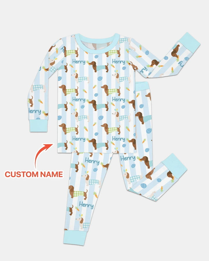 Custom Name Easter Dachshunds Family Matching Bamboo Two Piece Long Sleeve Pajama Set