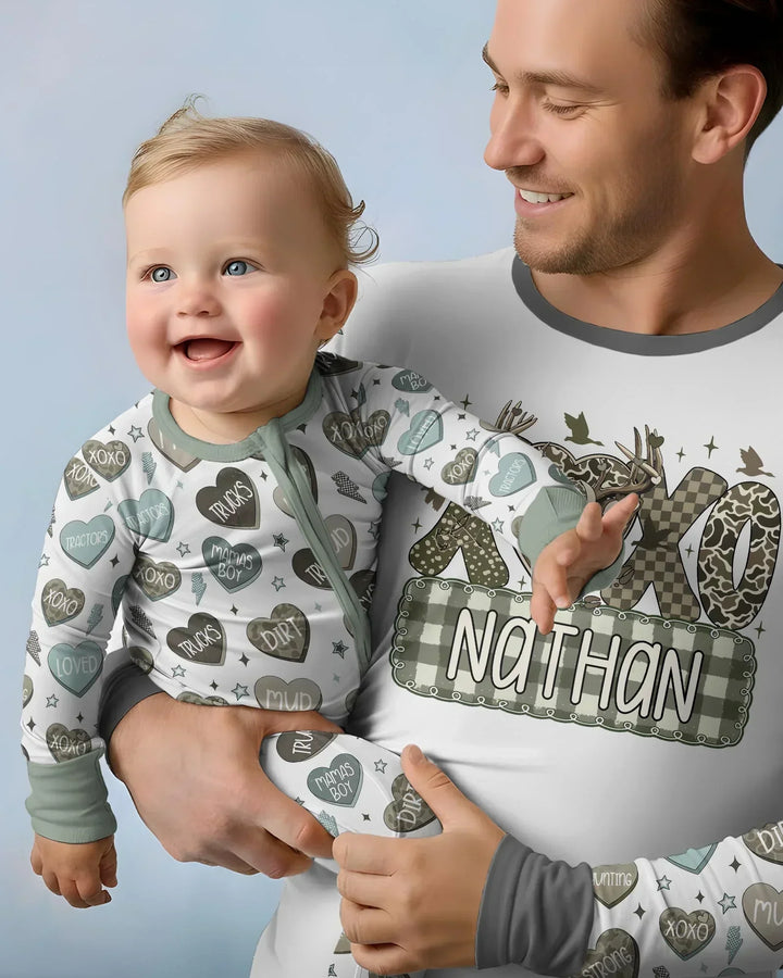 Personalized Hunting Sweethearts Candy Daddy & Me Matching Bamboo Two Piece Long Sleeve Pajama Set