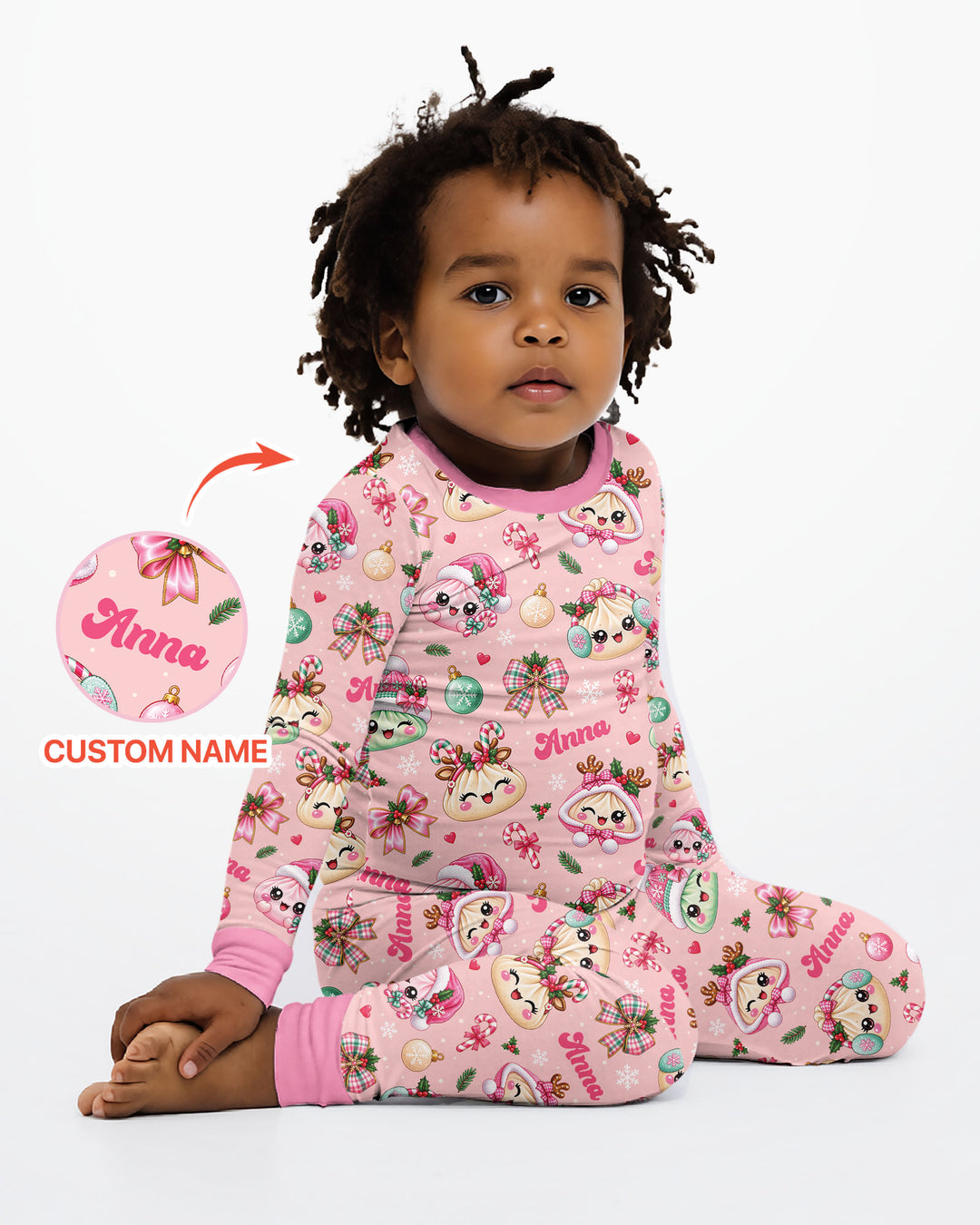 Custom Name Kawaii Christmas Dumpling Bamboo Two Piece Long Sleeve Pajama Set