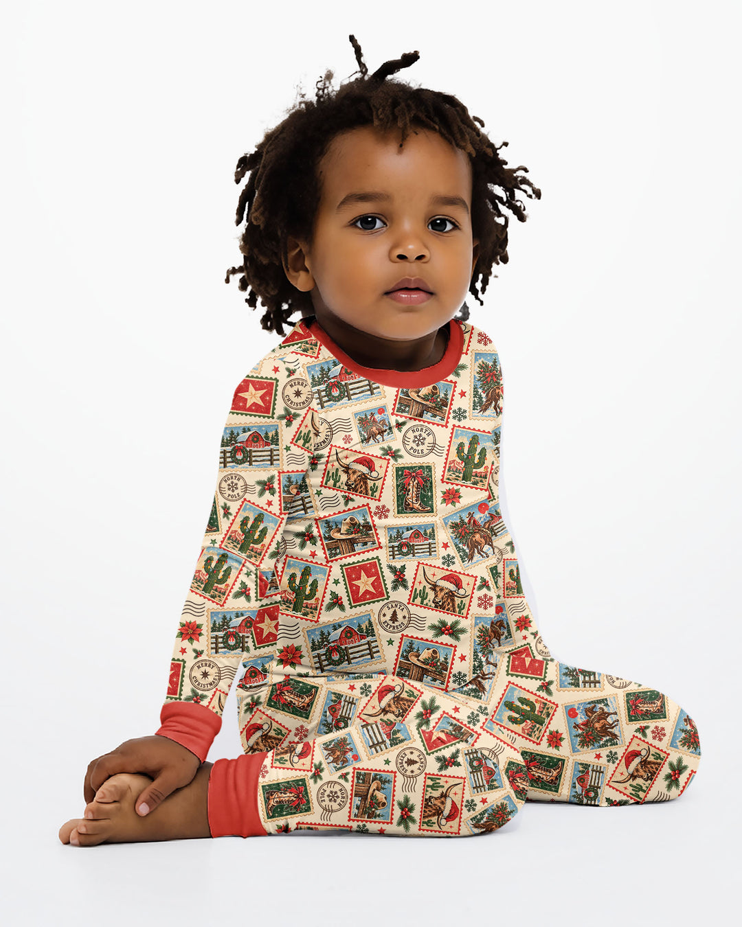 Western Christmas Stamps Bamboo Two Piece Long Sleeve Pajama Set