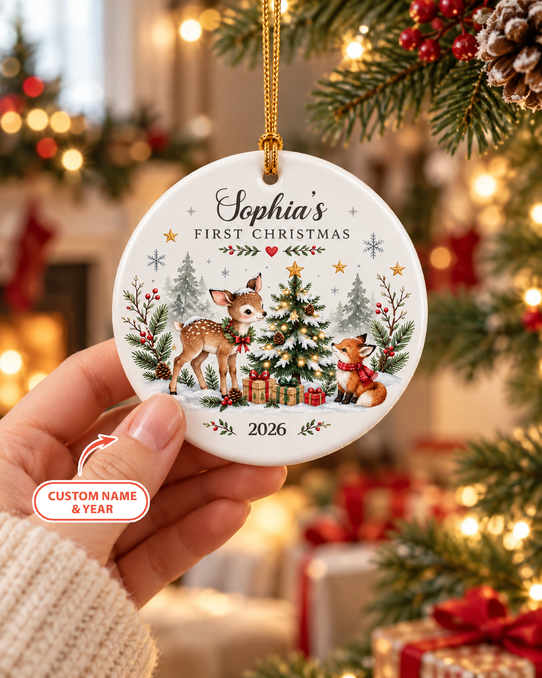 Custom Christmas Woodland First Christmas Ceramic Ornament