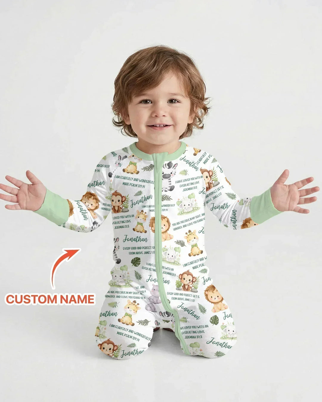 Custom Name Bible Verse Safari Animal Bamboo Two Piece Long Sleeve Pajama Set