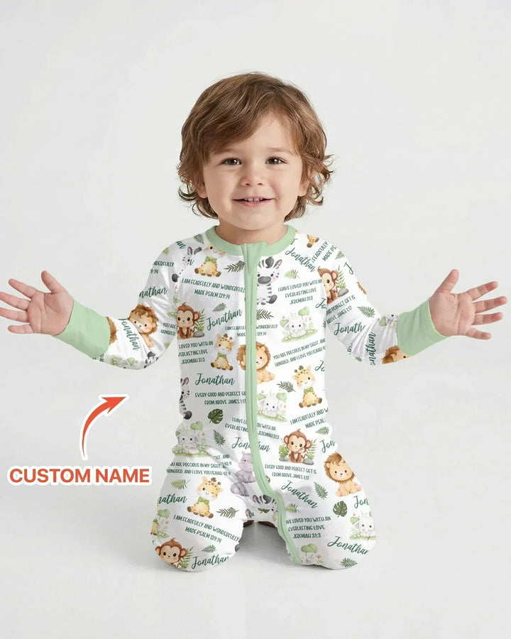 Custom Name Bible Verse Safari Animal Bamboo Two Piece Long Sleeve Pajama Set