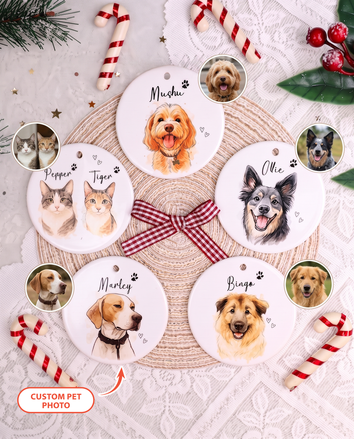 Custom Watercolor Pet Photo Christmas Stripe Ceramic Ornament