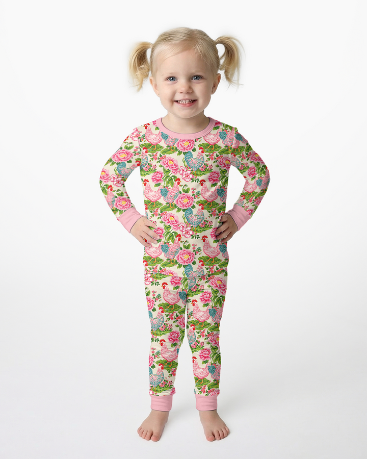 Chicken and Peony Mommy And Me Matching Bamboo Two Piece Long Sleeve Pajama Set