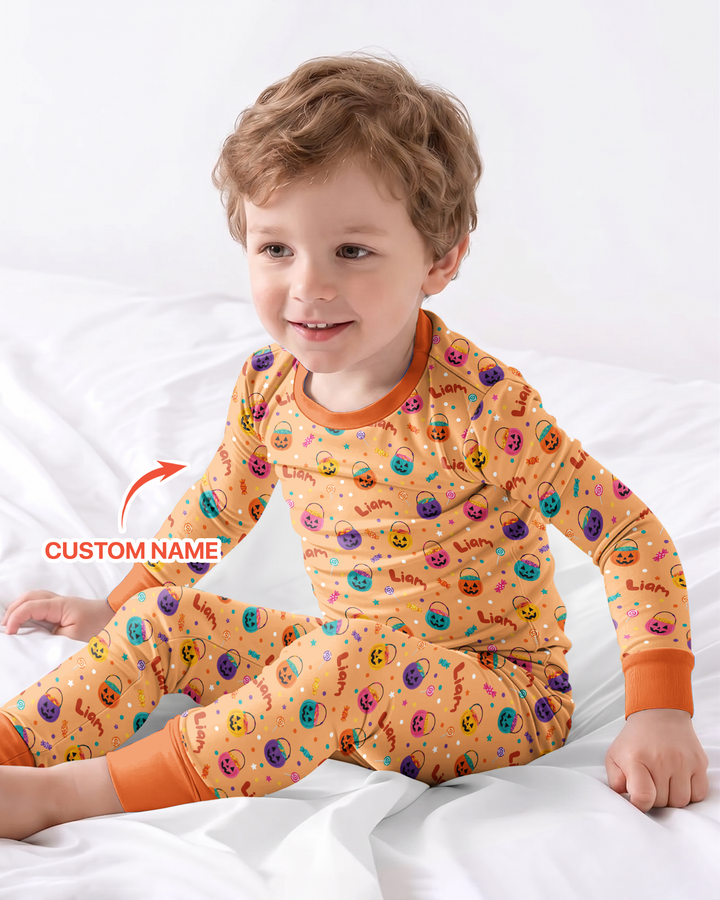 Custom Colorful Trick Or Treat Halloween Candy Bag Bamboo Two Piece Long Sleeve Pajama Set