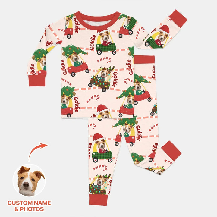 Custom Pet Photo Christmas Tikes Car Bamboo Two Piece Long Sleeve Pajama Set