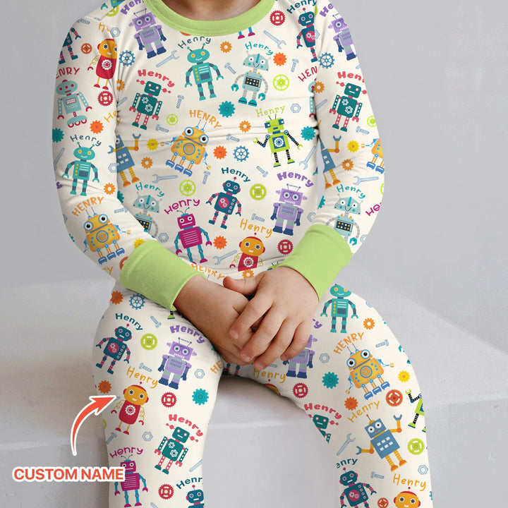 Robo Buddy Squad Custom Name Bamboo Two Piece Long Sleeve Pajama Set