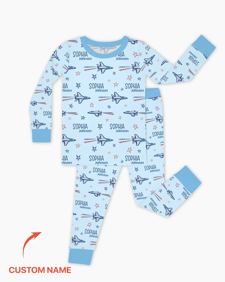 Patriotic American Flag Jet Fighter Bamboo Two Piece Long Sleeve Pajama Set
