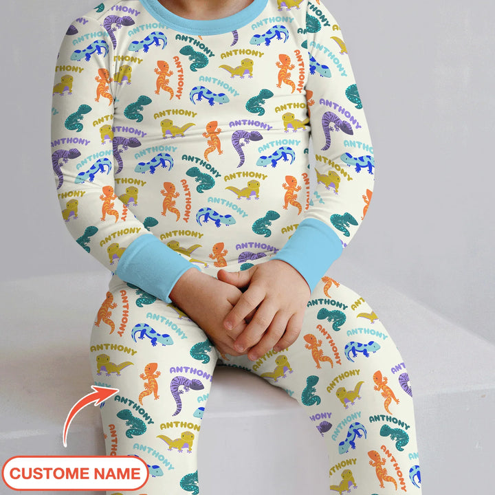 Custom Name Little Salamander Bamboo Two Piece Long Sleeve Pajama Set