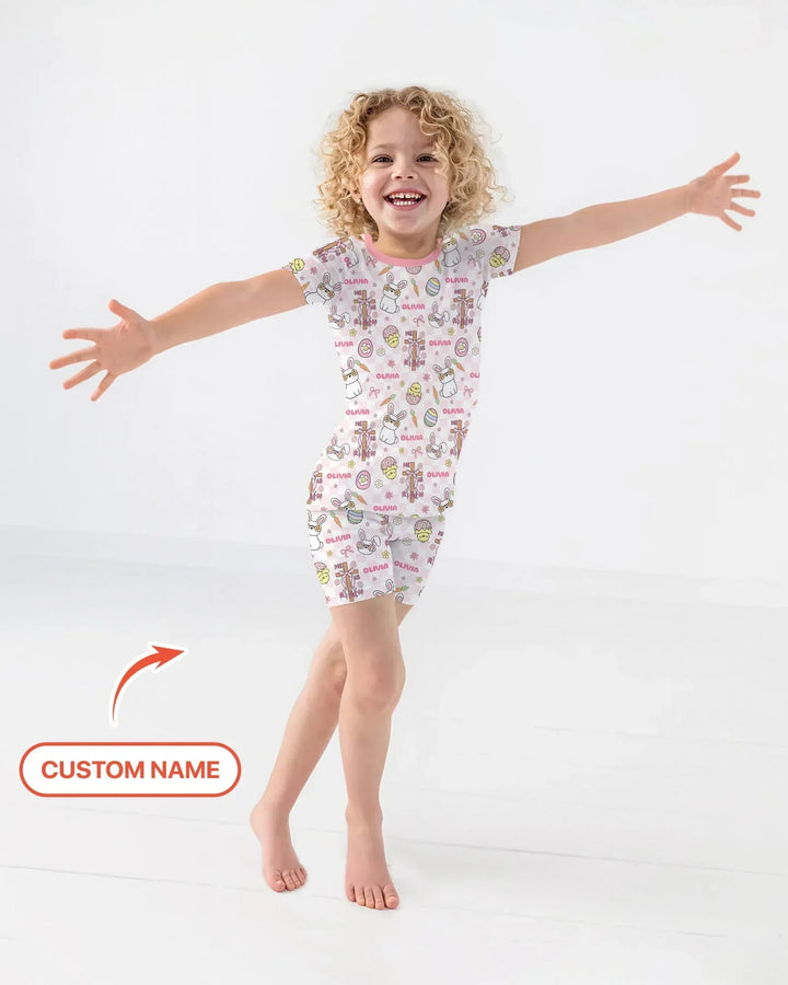 Custom Name Retro Easter Bamboo Two Piece Short Sleeve Shorts Pajama Set