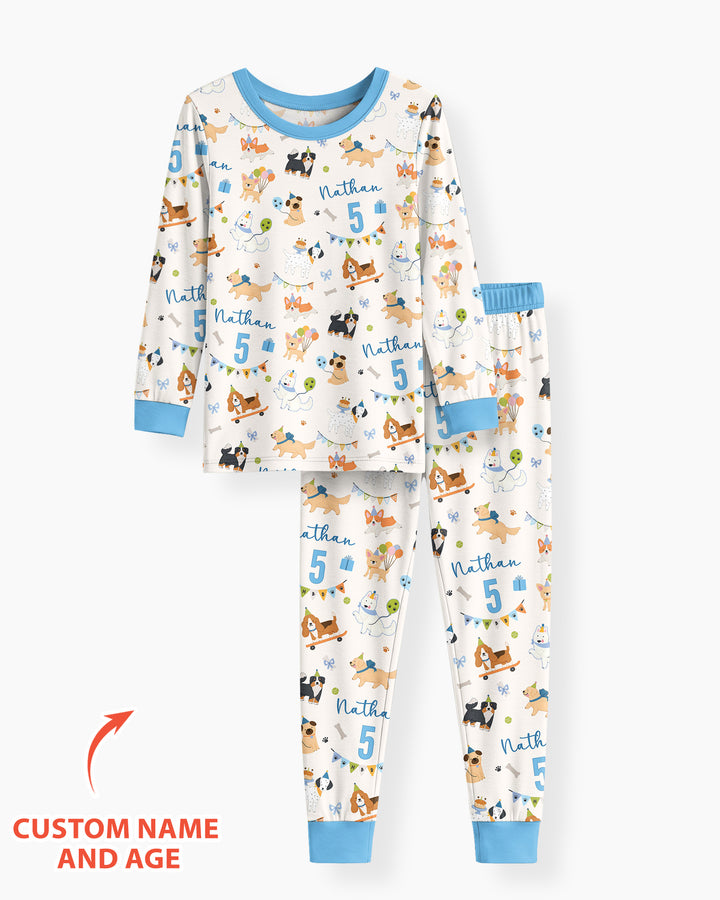 Custom Name Birthday Dogs Party Bamboo Two Piece Long Sleeve Pajama Set