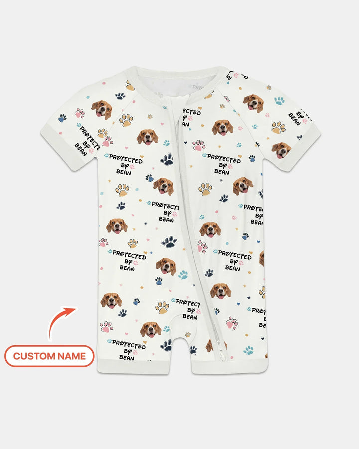 Custom Dog Photo Pattern "Protected By" Bamboo Shorty Zippered Romper