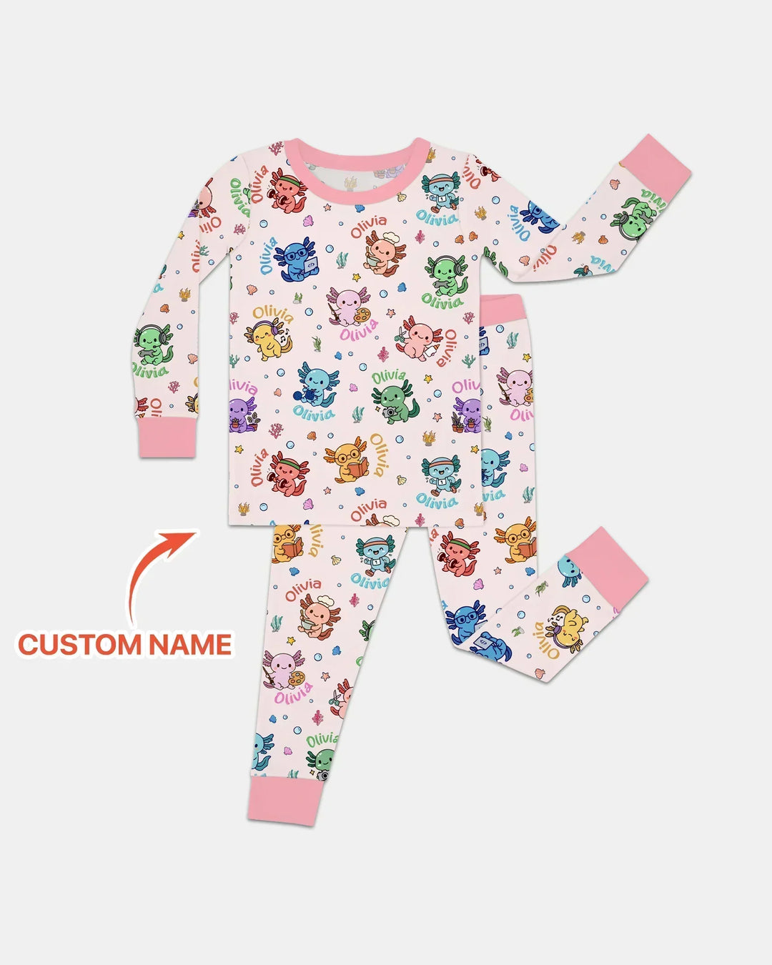 Custom Name Cute Hobby Axolotl Bamboo Two Piece Long Sleeve Pajama Set