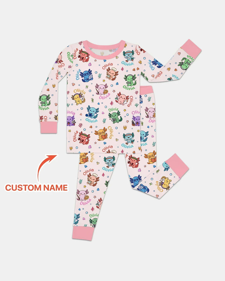 Custom Name Cute Hobby Axolotl Bamboo Two Piece Long Sleeve Pajama Set