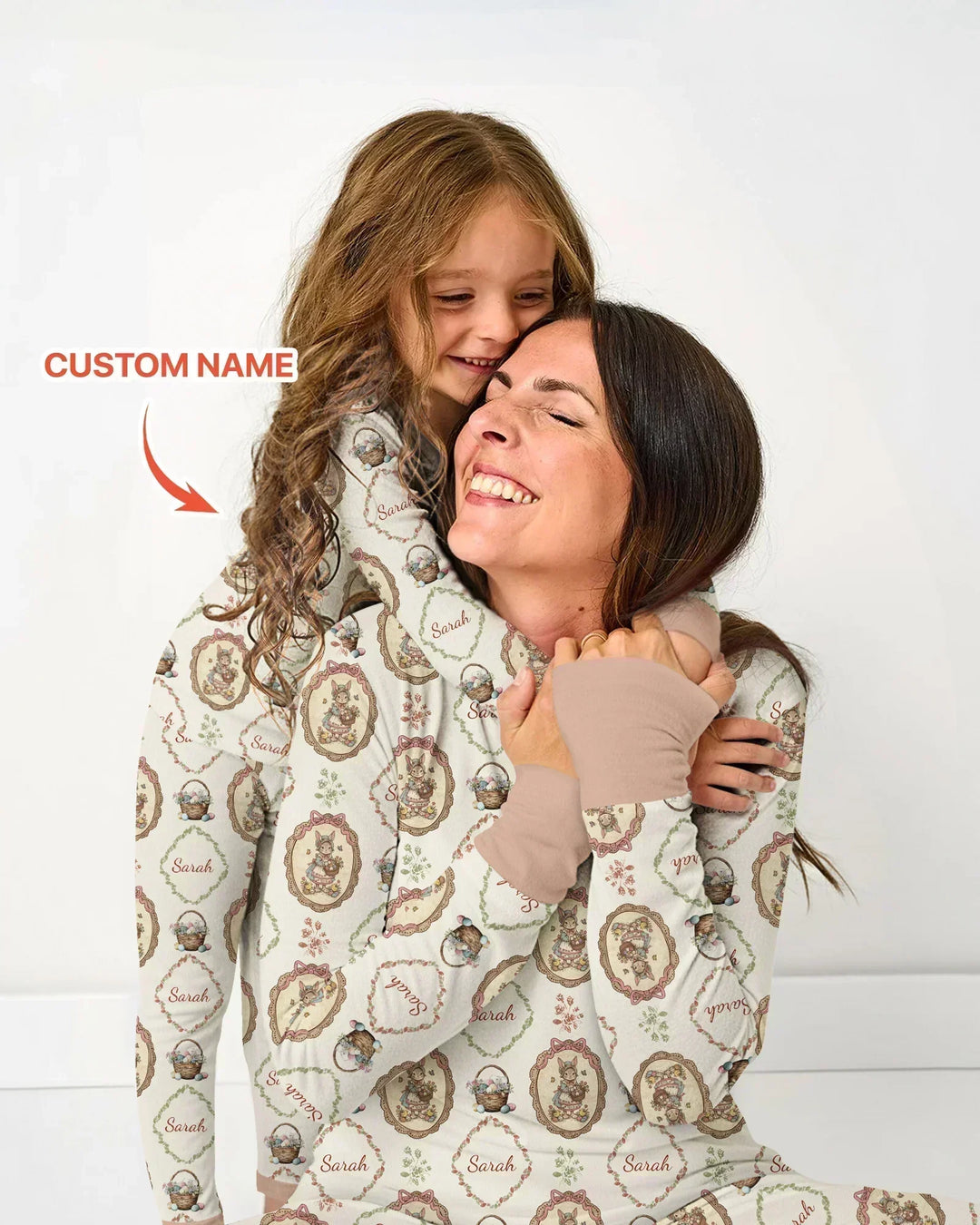 Vintage Bunny Easter Custom Name Mommy & Me Matching Bamboo Two Piece Long Sleeve Pajama Set