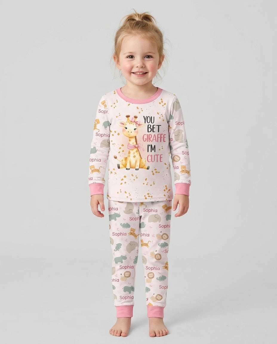 You Bet Giraffe I'm Cute Custom Name Bamboo Two Piece Long Sleeve Pajama Set