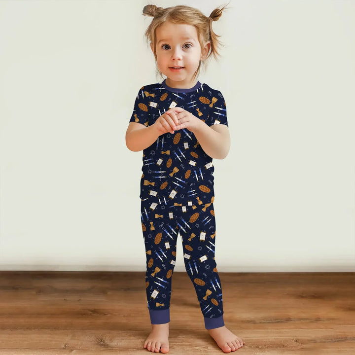 Shabbat Shalom Family Matching Bamboo Two Piece Short Sleeve Pajama Set