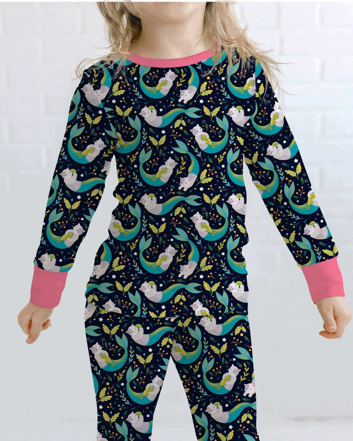 Midnight Mermaid Cats Bamboo Two Piece Long Sleeve Pajama Set