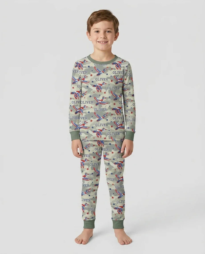 Custom Name America Mallard Duck Family Matching Bamboo Two Piece Long Sleeve Pajama Set